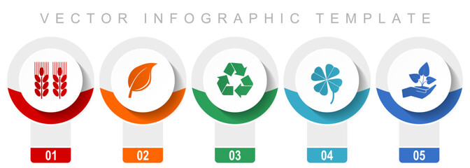 Aufkleber - Agriculture icon set, miscellaneous vector icons such as wheat, leaf, recycling, clover and seedling, modern design infographic template, web buttons in 5 color options