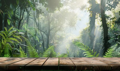A rustic wooden table top with the soft, blurred background of a dense forest in late evening, the greenery and natural textures offering a calm and inviting space for nature-inspired product
