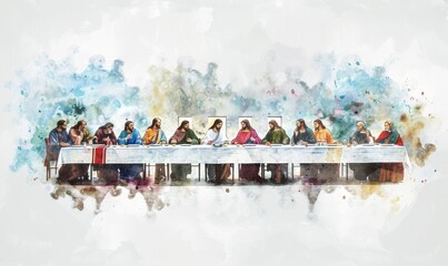 Canvas Print - Watercolor painting of the last supper, Jesus sitting at head table with his disciples surrounding him 