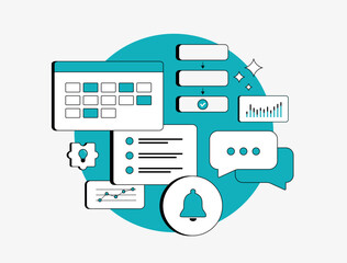 Fototapete - Task manager software - project management with productivity tools for task tracking, workflow automation, team collaboration, deadlines and scheduling. Task manager reminders and time management