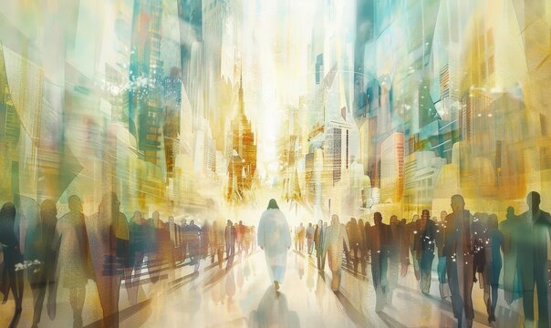 abstract art, Jesus walking with white robes in the center of an abstract cityscape with tall buildings, a large group of people following him on either side of his path, a bright light 