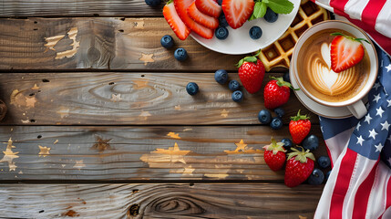 Wall Mural - Waffles and coffee with flags and stars on the 4th Juli background