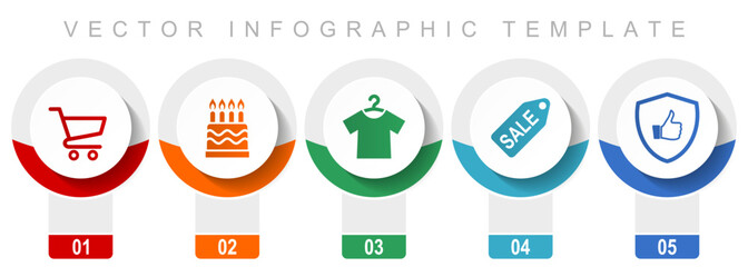 Leinwandbilder - Shop icon set, miscellaneous vector icons such as shopping cart, birthday cake, clothes and sale, modern design infographic template, web buttons in 5 color options