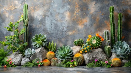 Poster - A close-up image of a variety of cactus and succulents arranged on gray stone. The background features a textured gray wall.