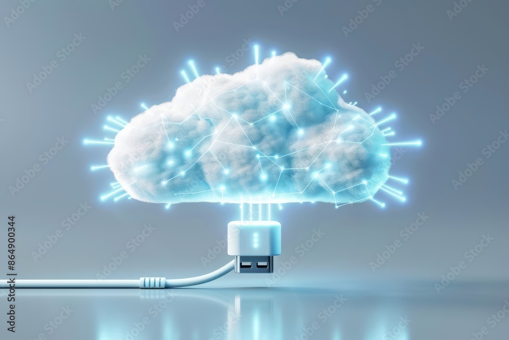 3D cloud computing concept with digital cloud and USB connection ...