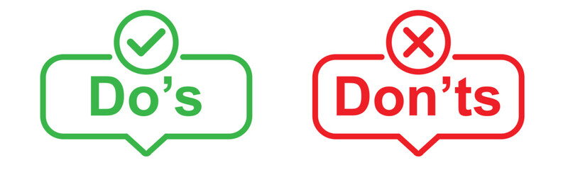 Poster - do's and don'ts icon. To do and not to do symbol for guidelines and rules list. buttons with tick and cross. vector illustration on transparent background.