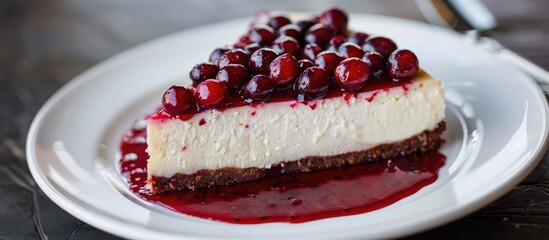 Wall Mural - Healthy organic summer dessert: Vanilla cheesecake with cranberry sauce