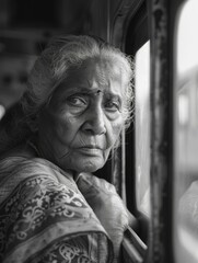 Poster - An old woman looking out the window of a train. AI.