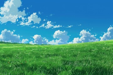 Grass Field landscape with blue sky and white cloud. Blue sky clouds sunny day wallpaper. Cartoon illustration of a Grass Field with blue sky in Summer. green field in a day.