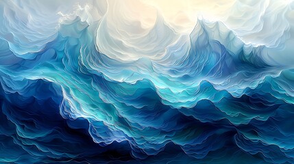 Abstract ocean waves mural, stylized flowing waves in vibrant blues and greens, modern art style.