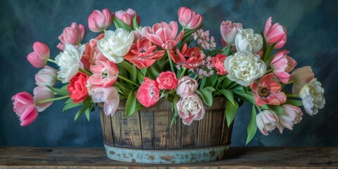 Poster - A wooden bucket filled with pink and white flowers on a table. AI.