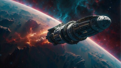 Wall Mural - a spaceship flying over a planet with stars in the background. ai.