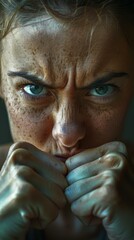 Poster - A woman with freckles holding her face in a fist. AI.