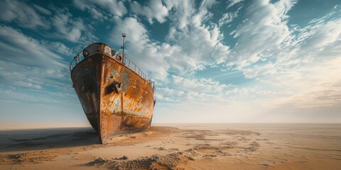 Wall Mural - A rusty ship on a sandy beach with clouds in the sky. AI.