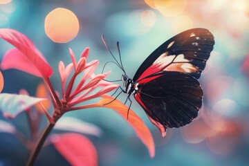 Poster - A close up of a butterfly on some flowers with blurred background. AI.