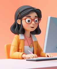 Canvas Print - A cartoon girl with glasses sitting at a computer keyboard. AI.