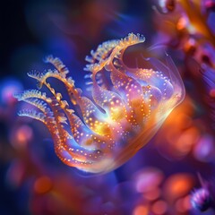 Canvas Print - A jellyfish is swimming in the ocean with colorful lights. AI.