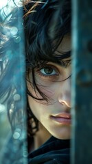 Canvas Print - A close up of a woman with dark hair looking through bars. AI.