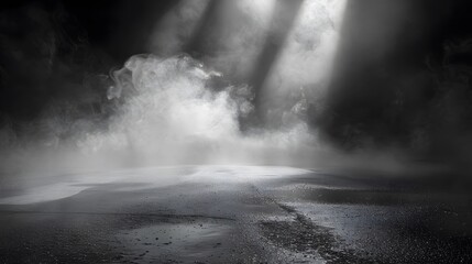 Poster - shiny floor with smoke or fog in a dark room with spotlights. Night asphalt road, black background, black and white