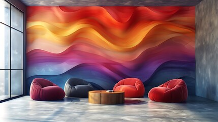 Sticker - Modern art mural featuring color gradient waves, smooth flowing waves of colors transitioning into each other, in a 16:9 ratio.