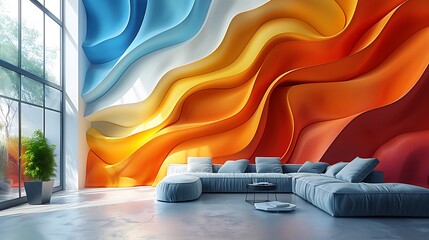 Poster - Modern art mural featuring color gradient waves, smooth flowing waves of colors transitioning into each other, in a 16:9 ratio.