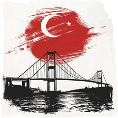 Wall Mural - Grunge illustration for Democracy and National Unity Day in Turkey with Turkish flag and bridge. 