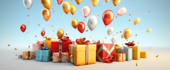 Balloons, Christmas ornaments flying gift box, 3d render