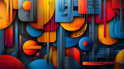 Canvas Print - Vibrant geometric patterns mural, bold colorful shapes intersecting and overlapping, modern art style, 16:9 aspect ratio.