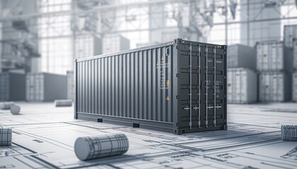 Poster - A single shipping container placed centrally on top of design blueprints in a warehouse setting