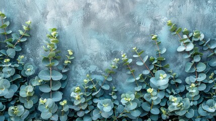 Poster - A flat lay of eucalyptus branches with round green leaves arranged against a teal painted wall.