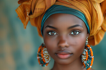 Wall Mural - Portrait of young beautiful African woman wearing yellow turban.