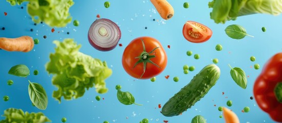 Wall Mural - Assorted fresh vegetables hovering above a blue backdrop: bell peppers, lettuce, carrots, tomatoes, basil leaves, cucumbers, onions, and peas drifting upwards - embracing a summer-ready