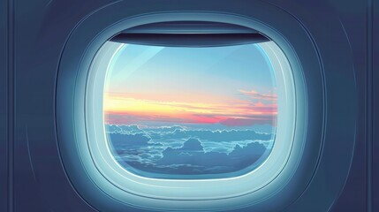 Wall Mural - Vector illustration of an airplane window template showing both the inside and outside views, featuring a transparent glass pane