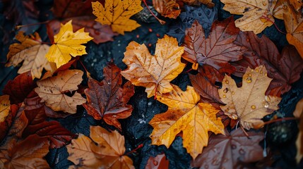 Close-up of vibrant orange autumn leaves scattered on a bed of dark teal pebbles.