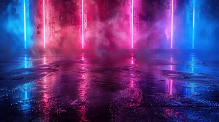 Canvas Print - Wet asphalt, night view, neon reflection on the concrete floor. Night empty stage, studio. Dark abstract background. Product Showcase Spotlight Background