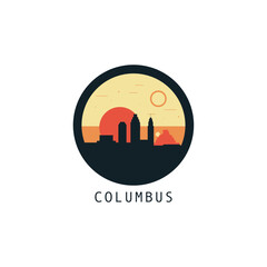 Wall Mural - Columbus skyline, downtown panorama logo, logotype. USA, Ohio state round badge contour, isolated vector vintage pictogram with monuments, landmarks, 