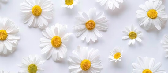 Canvas Print - Chamomile and Petal Spring or Summer Background with Copy Space, White Flower with Yellow Center, Top View, Flat Lay.