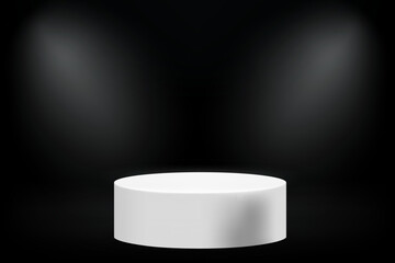 Aufkleber - Dark studio with cylindrical podium and projectors. 3d vector illustration