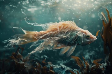 Wall Mural - A translucent fish, wrapped in a translucent plastic bag swims through an underwater scene, highlighting environmental pollution and its impact on marine life.