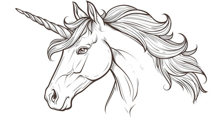 Cartoon unicorn with a flowing mane, outlined for coloring, on a white background.