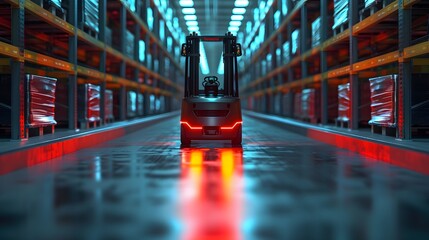 Wall Mural - Warehouse logistics with a robotic forklift and AR holograms, motion blur capturing the dynamic nature of storage operations