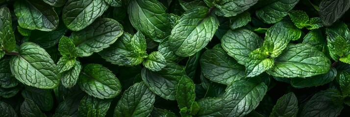 Wall Mural - Many fresh peppermint leaves texture background, fragrant spices pattern, Mentha piperita mockup