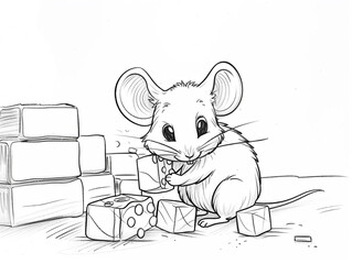 Cute cartoon mouse playing with blocks, outlined for coloring, on a white background.