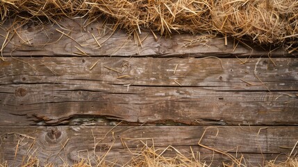 Hay dried on a wooden surface top view Room for text