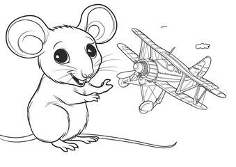 Cute cartoon mouse with a toy airplane, outlined for coloring, on a white background.