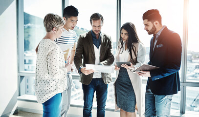 Poster - Architecture, teamwork and business people in office for meeting, discussion and planning with documents. Creative agency, collaboration and men and women with blueprint, paperwork and building ideas