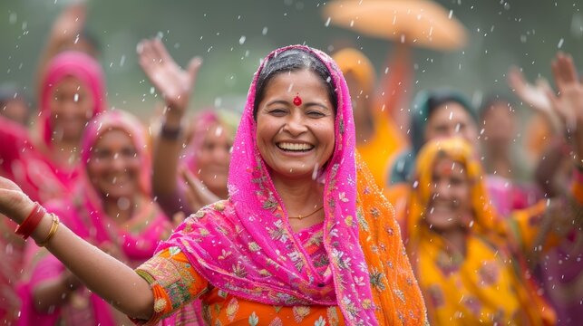 Smiling Indian woman in a vibrant pink sari celebrating in the rain with outstretched arms, surrounded by joyful women