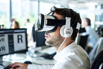 Wall Mural - Businessman using VR headset at work, modern office, technology integration, professional setting, and digital innovation.