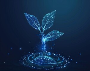 Wall Mural - Abstract digital plant with glowing blue leaves and network connections in a futuristic style