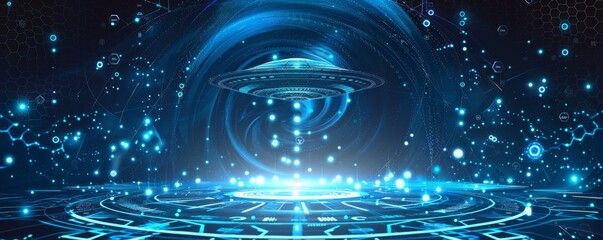 Wall Mural - Futuristic glowing technology background with UFO and sci-fi patterns
